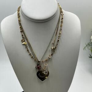 Juicy Couture Vintage Triple Strand Flower Charms Heart Two Tone Necklace‎